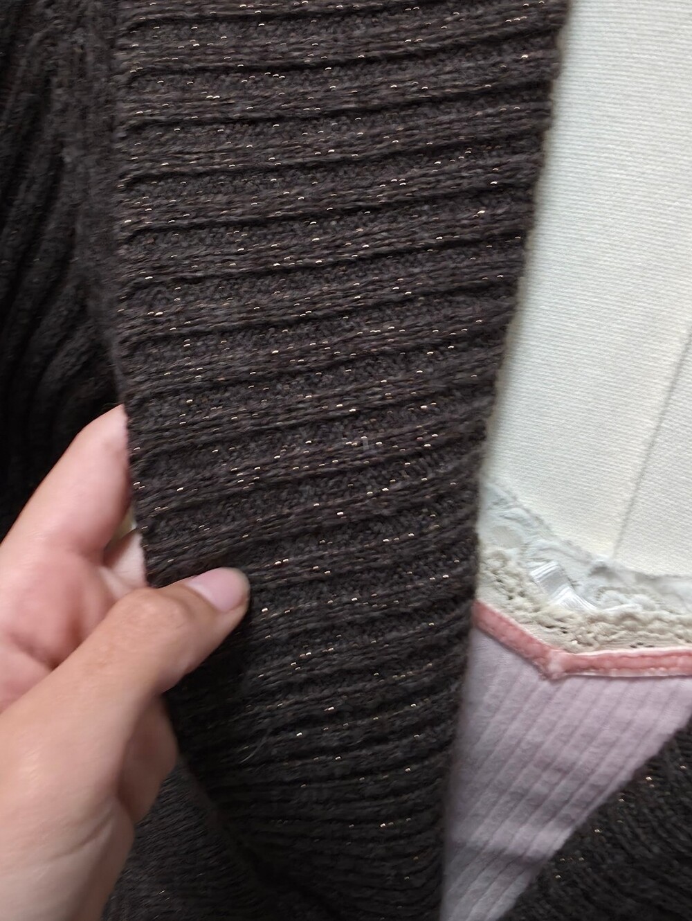 Worthington dark brown knit cardigan top with tie closure and gold sparkly detai - Picture 3 of 6